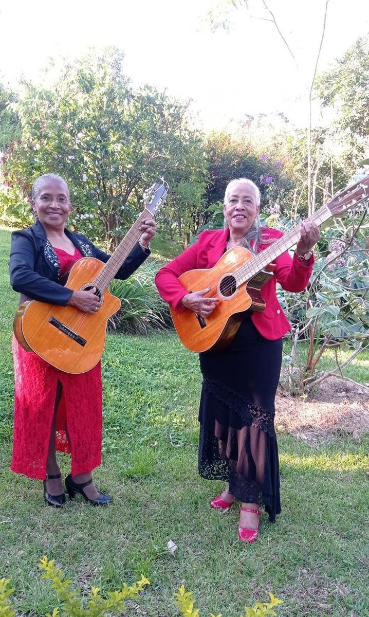Dos músicas con guitarras en el jardín